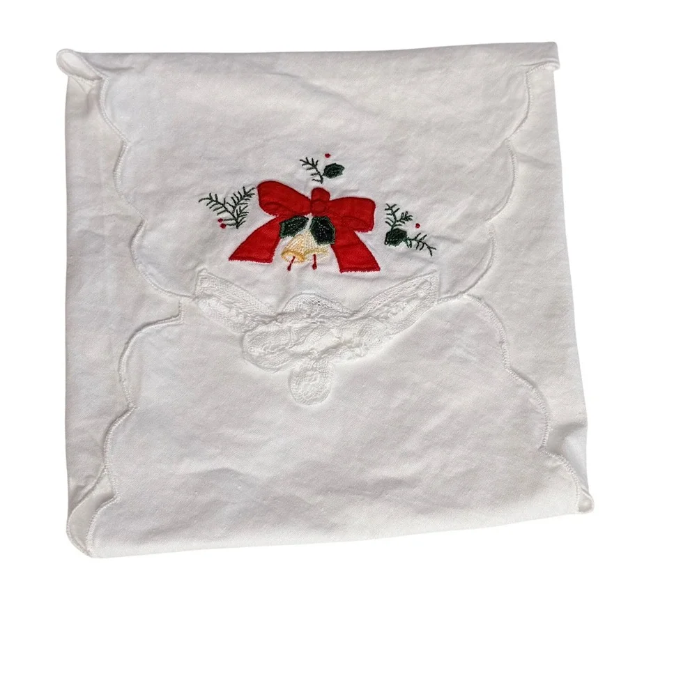 Vintage Christmas Embroidered Scalloped Linen Napkins White Red Bow Bells‎ Set 3